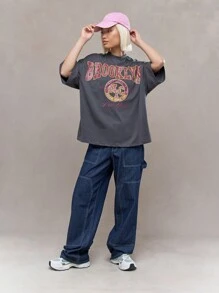 MISSGUIDED 超大号布鲁克林正面印花 T 恤，男女通用