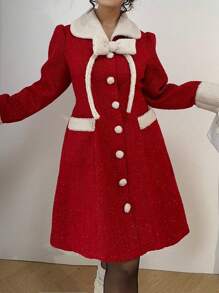 Celure Vestido casual de fiesta para citas, reuniones y uso diario, elaborado en tela de bucle roja para Navidad, con cuello redondo, botones, lazo y bolsillo, para mujeres de talla grande, para otoño/invierno, ropa para Año Nuevo