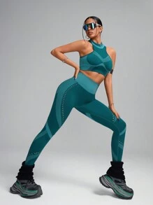 Innovista Ensemble de sport sans couture et élastique pour femme, soutien-gorge et leggings 2 pièces, ensembles de sport pour femmes, tenues casual et de sport quotidiennes, ensemble de yoga, ensemble de gym, ensemble deux pièces pour femmes, tenue automne-hiver, ensemble de tenue, vêtements de gym, randonnée - Vert - Voir 8