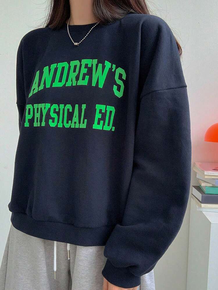 Women Loose Pullover Sweatshirt With Letter Print