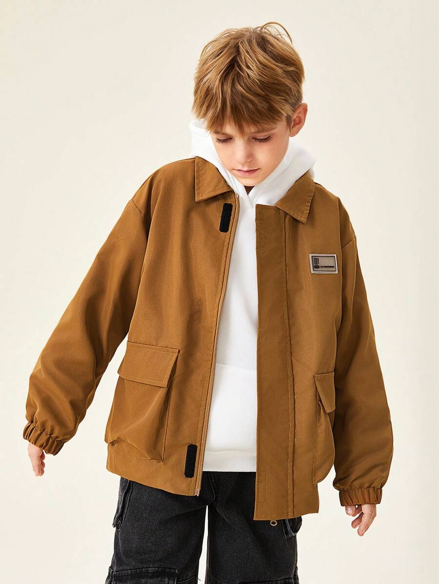 SHEIN Áo khoác lót nhiệt cổ rộng thoải mái cho bé trai tuổi mới lớn - màu nâu - Xem 1