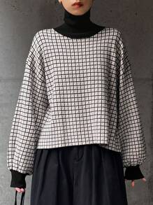 FRIFUL Women's Autumn Baggy Drop Shoulder Long Sleeve Plaid Knitted Sweater