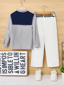 SHEIN Leap Crew 年轻男孩休闲韩版宽松舒适纽扣衬衫和长裤两件套，适合日常穿着、上学、郊游、运动、秋冬季 - 灰色 - 查看 2