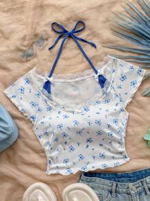 Soleia 女式复古红白小碎花蕾丝边高领拼色露背 T 恤，可爱蝴蝶结装饰 2 合 1 芭蕾风格休闲夏季上衣，午餐，返校