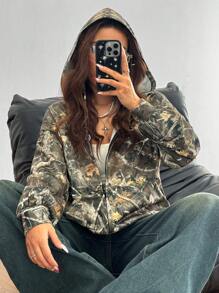 Coolane 女士秋冬情侣同款/情侣同款/基础款/外出针织迷彩保暖内衬保暖拉链绿色宽松长袖运动衫，长袖上衣 - 軍綠色 - 查看 5