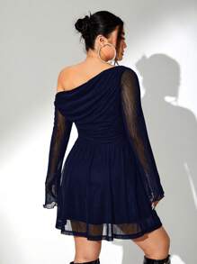 SHEIN ICON 大码女式纯色不对称领口优雅长袖连衣裙，秋季 - 藏蓝色 - 查看 5