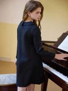 SHEIN Tween Girls Detachable Bow Contrast Black & White Elegant Long Sleeve A-Line Dress, Fashionable For Autumn/Winter