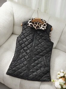 SHEIN Clasi Chaleco/Chaqueta acolchada de algodón reversible con estampado de leopardo y negro, para otoño/invierno - Multicolor - Ver 6