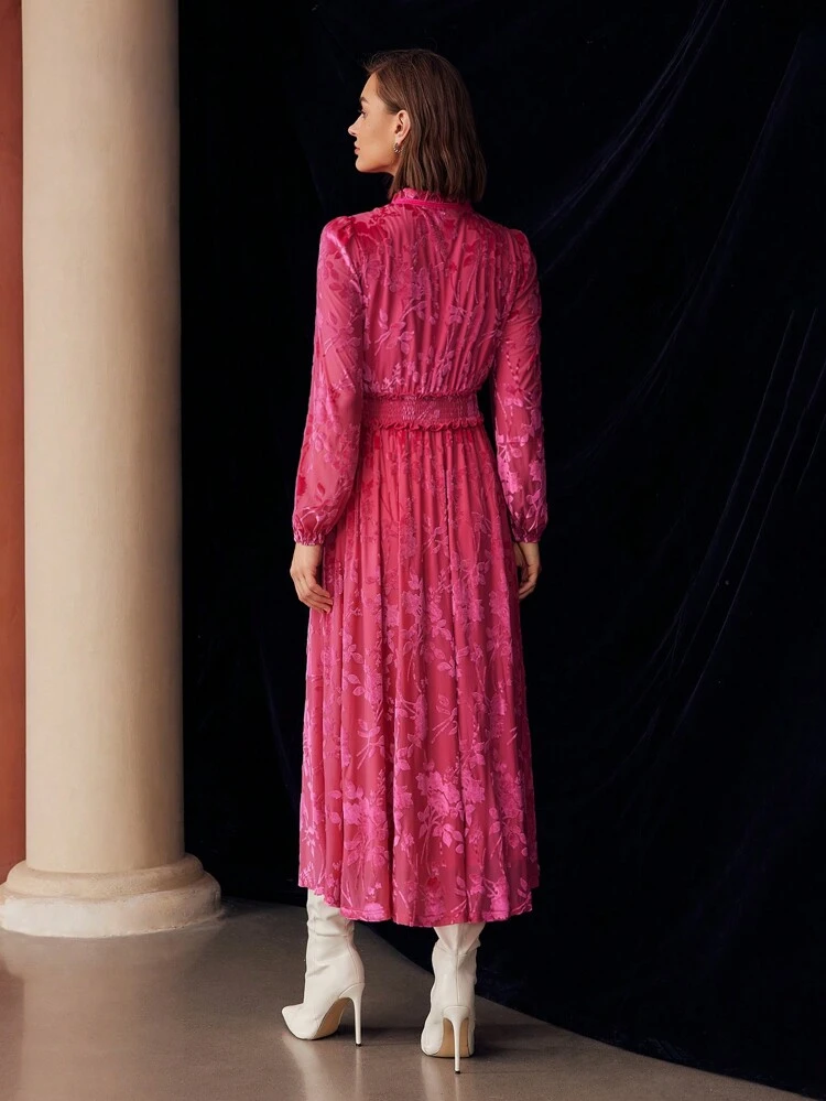 Vestido Midi Plissado na Cintura com Manga Lanterna, Gola Laço e Estampa Jacquard de Flor em Veludo para Férias, Festas, Roupa Feminina