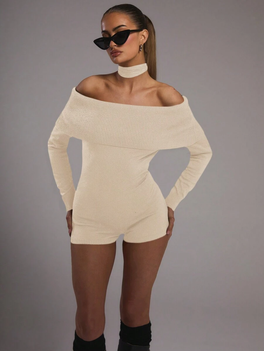 MUSERA Knitted Rib Bardot Playsuit Thanksgiving  New Year  Party - Apricot - View 1