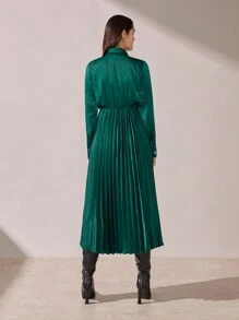 BizChic 绿色缎面褶皱长袖连衣裙，节日感恩节/圣诞节服装，女士办公室服装，春夏 - 綠色 - 查看 6