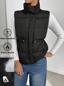 SHEIN Essnce Women's Solid Color Sleeveless Zipper Pockets Down& Feathers Jacket,Down& Feathers Vest,Winter Women Jacket - Black - View 6