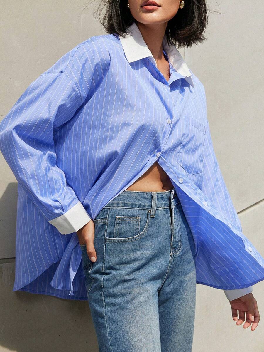 EMERY ROSE 时尚宽松超大男友风贴花设计条纹长袖衬衫 - 藍白色 - 查看 1