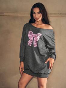 Zolique Sudadera larga asimétrica de hombro con estampado de lazo rosa sexy para mujer, otoño - Gris - Ver 5