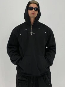 DAZY Men's Letter & Star Pattern Hoodie Sweatshirt, Autumn - Black - View 3