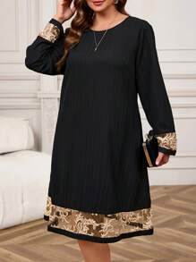 EMERY ROSE Plus Size Elegant Black And Gold Christmas Dress Women,Autumn Dinner Patchwork Embroidery Mesh Cuff Straight Loose Winter Clothes For Women - Black - View 3