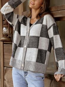 LanaWest Women Casual Checkerboard Pattern Front Button Cardigan, Suitable For Autumn/Winter - Black and White - View 3