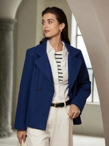 SHEIN Privé Minimalist Commuting Versatile Short Loose Blazer Style Long Sleeve Jacket With Elegant Look Fall Cloth For Women - Navy Blue - View 6