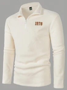 Manfinity Homme Herren Langarm Fleece Lässig Poloshirt mit Buchstabenmuster, Herbst