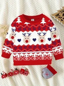 圣诞节男婴休闲时尚可爱卡通驯鹿印花基本款圆领卫衣