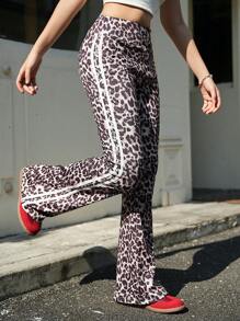 SHEIN Teen Girls Leopard Print Patchwork Side Striped Flared Pants, Casual Autumn - Multicolor - View 6