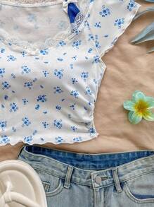 Soleia 女式复古红白小碎花蕾丝边高领拼色露背 T 恤，可爱蝴蝶结装饰 2 合 1 芭蕾风格休闲夏季上衣，午餐，返校