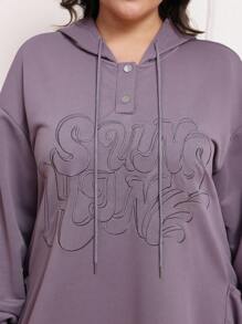 Mulvari Plus Size Letter Embroidery Drawstring Hooded Long Sweatshirt Dress, Casual For Autumn/Winter - Beige - View 6