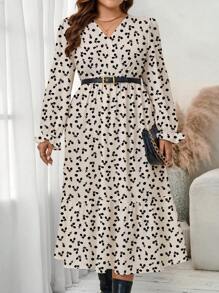 Glamance Mari Primo studio Women Multicolor Plus Size Dresses Long Sleeve V Neck Casual All Over Print,Plain Summer Outfits For Women Summer Dress For Women Sundress For Women Vacation Dress Going Out - Multicolor - View 3
