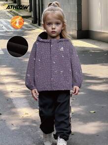 SHEIN Young Girl's Purple Hooded Zipper Full Print ATHOW Sports Casual Cycling Exercise Versatile Outdoor One Piece Double Layer Windbreaker Jacket Sportswear For Winter - Purple - View 1