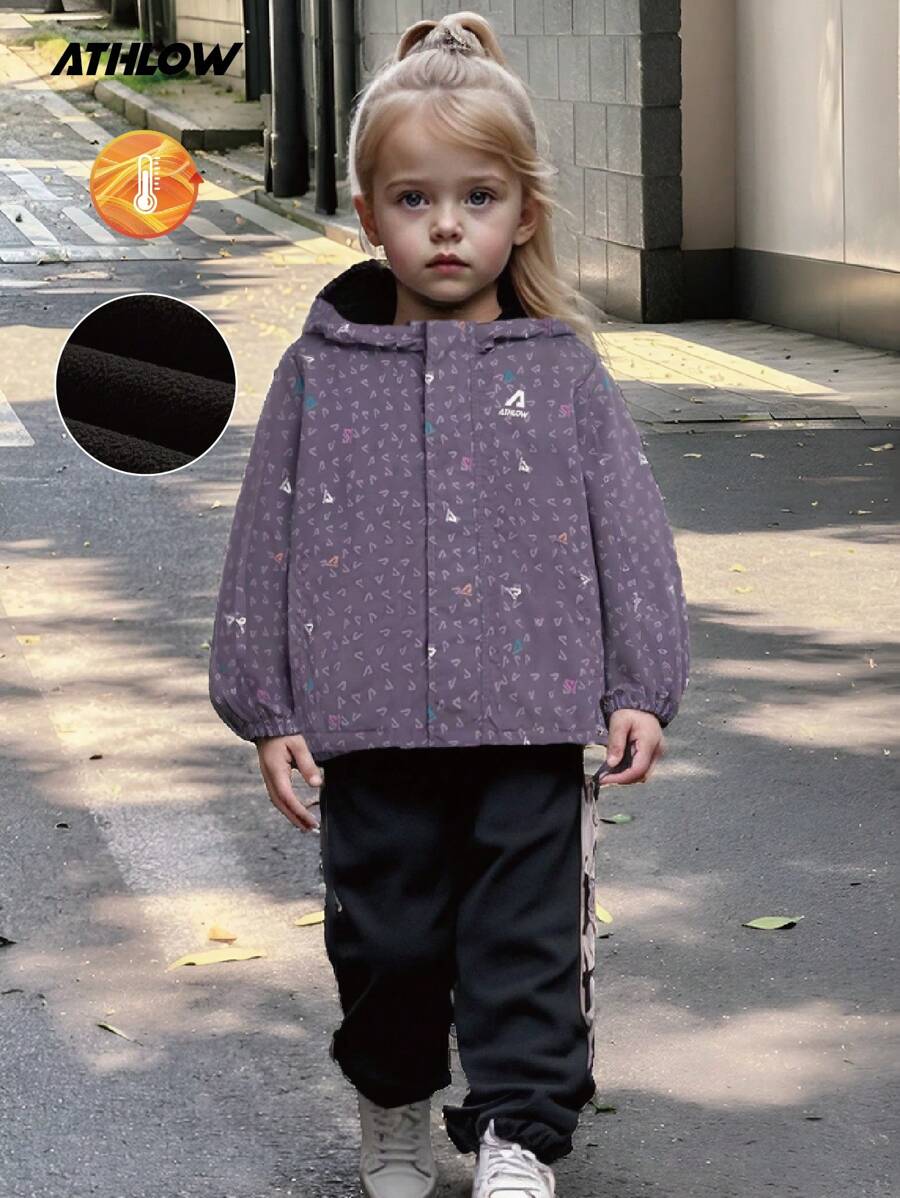 SHEIN Young Girl's Purple Hooded Zipper Full Print ATHOW Sports Casual Cycling Exercise Versatile Outdoor One Piece Double Layer Windbreaker Jacket Sportswear For Winter - Purple - View 1