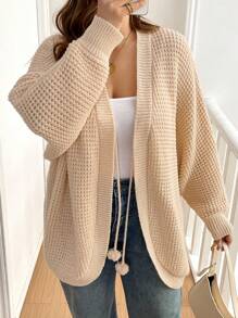 SHEIN Essnce Plus Size Women's Long-Sleeved Knitted Sweater Cardigan,Beige Elegant Fashion Everyday Smart Casual Commuting Thanksgiving Christmas Top Fall/Winter - Apricot - View 5