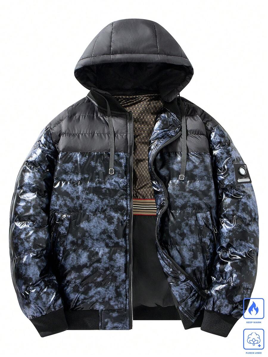 Manfinity Homme Cappotto imbottito casual con cappuccio, colletto con cerniera, maniche lunghe, con stampa Tintura a nodi, da uomo, adatto per l inverno
