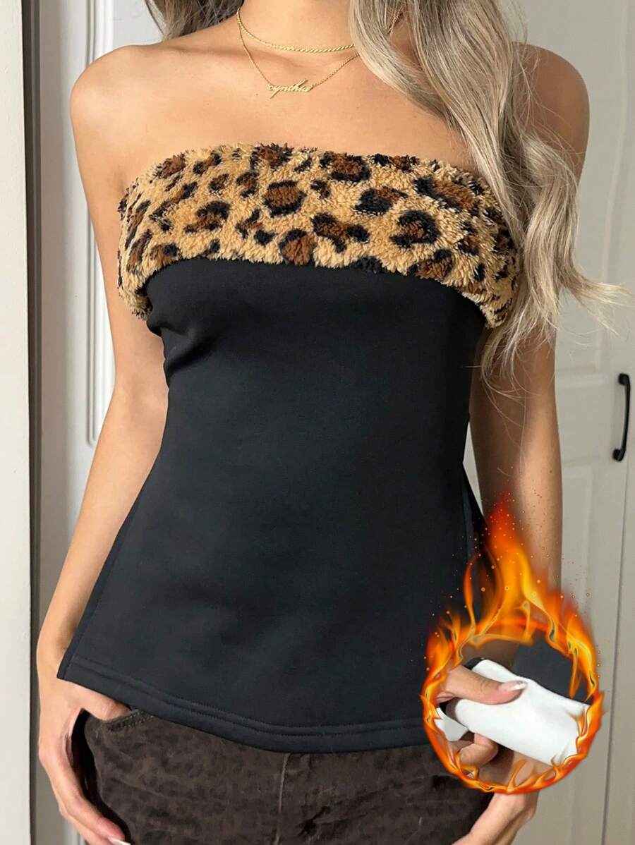 SHEIN EZwear 女士豹纹毛绒拼接露背上衣，带保暖内衬 - 彩色 - 查看 1