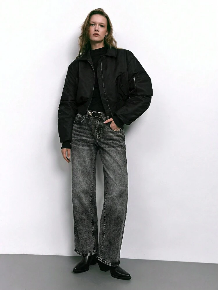 SHEIN Maija 1pc Women's Black Front Zipper Pocket Solid Sleeve Pleat Decor Long Sleeve Simple Casual Jacket, Autumn/Winter