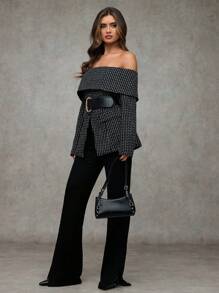 SHEIN BAE Áo khoác blazer thanh lịch hở vai dài tay kẻ caro mùa thu cho nữ - màu đen - Xem 4