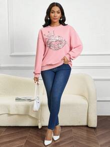 SHEIN Lady Autumn And Winter Pink Tracksuit Christmas Sweatshirt  Long Sleeve Graphic Sweatshirt Women's Sweatshirt Imitation Hot Diamond Printed Pattern Loose Sweatshirt Pink Elegant Women's Fashion Sweatshirt