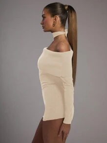 MUSERA Knitted Rib Bardot Playsuit Thanksgiving  New Year  Party - Apricot - View 2