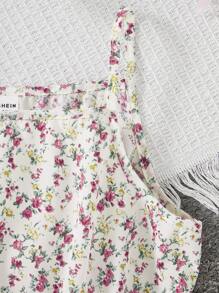 SHEIN Set de 2 piezas para niñas preadolescentes con camisa de manga larga de una hilera y vestido de tirantes con estampado floral vintage