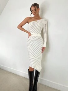 SHEIN Unity 女士纯色不对称肩长袖毛衣和长款修身针织中长裙两件套，秋冬 - 白色 - 查看 1