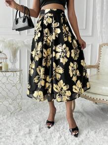 SHEIN Unity 女士优雅金箔花卉印花 A 字裙，适合秋季 - 彩色 - 查看 4