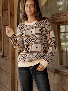 LanaWest Damen Pullover mit geometrischem Jacquard Muster und Rundhalsausschnitt, Lässig