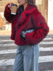 SHEIN Unity 1pc Solid Color Fluffy Luxurious Long Sleeve Coat, Winter For New Year Clothes - Red - View 3