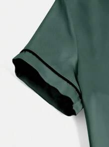 2 件套青少年女孩休闲优雅缎面短袖衬衫和裤子套装