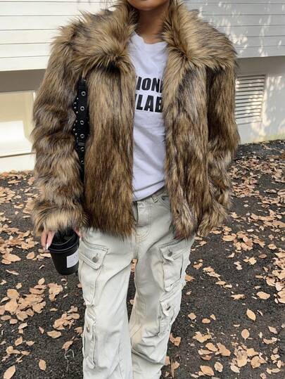 SHEIN EZwear 秋冬短款纯色蓬松拼布毛绒大衣