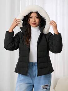 SHEIN EZwear Chaqueta acolchada con capucha de manga larga y diseño fuzzy en talla grande, color negro - Negro - Ver 5