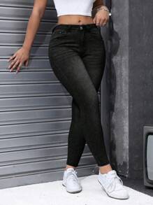 SHEIN PETITE Women's Cat Whisker Skinny Jeans - Black - View 3
