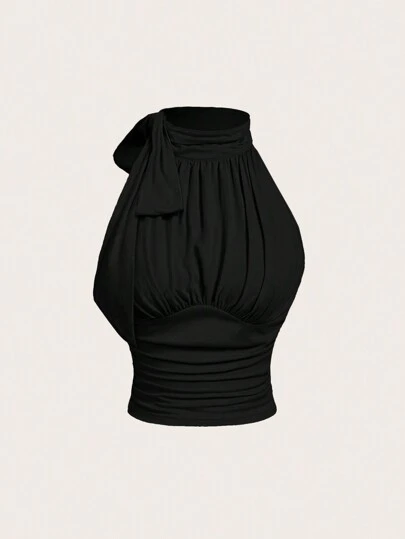 SHEIN MOD Stand Collar Bowknot Drawstring Ruched Beige Top