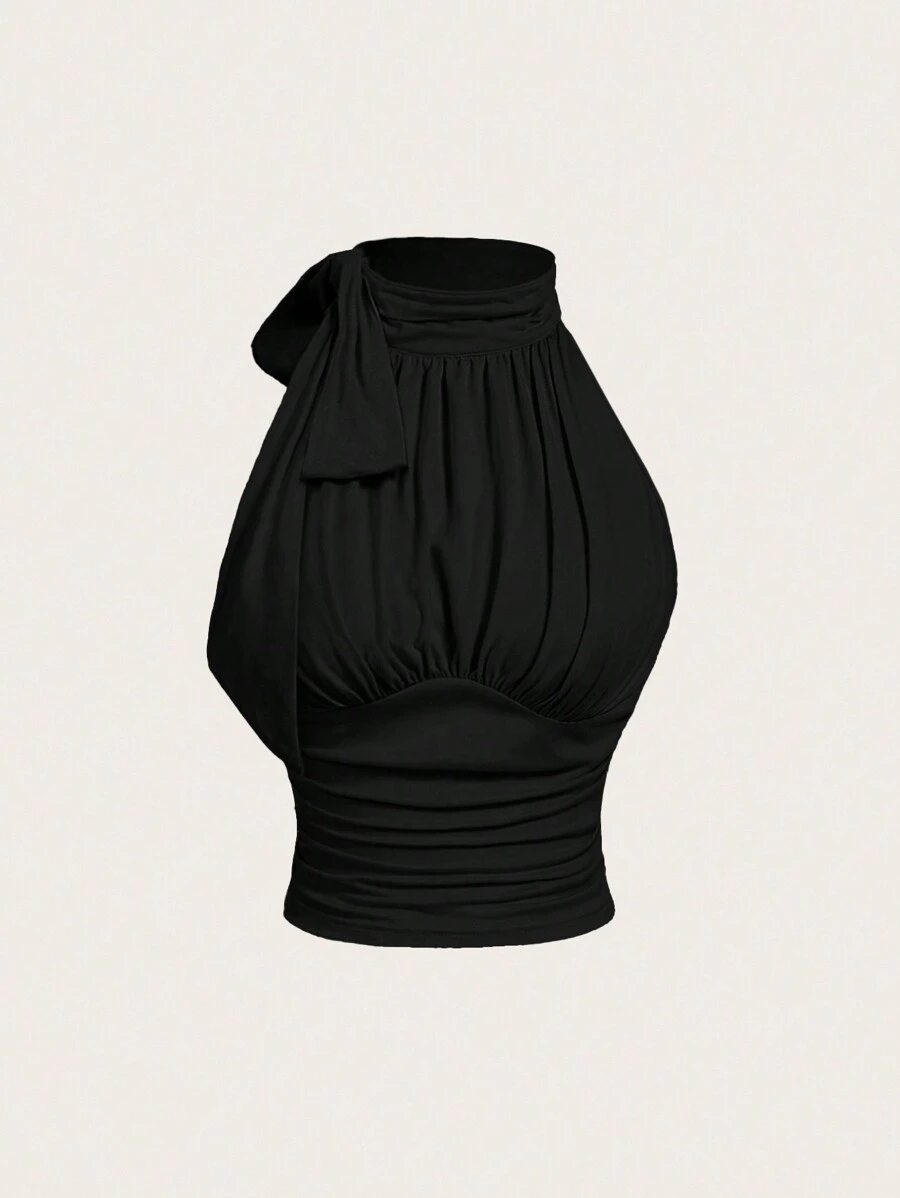 SHEIN MOD Stand Collar Bowknot Drawstring Ruched Beige Top - Black - View 1