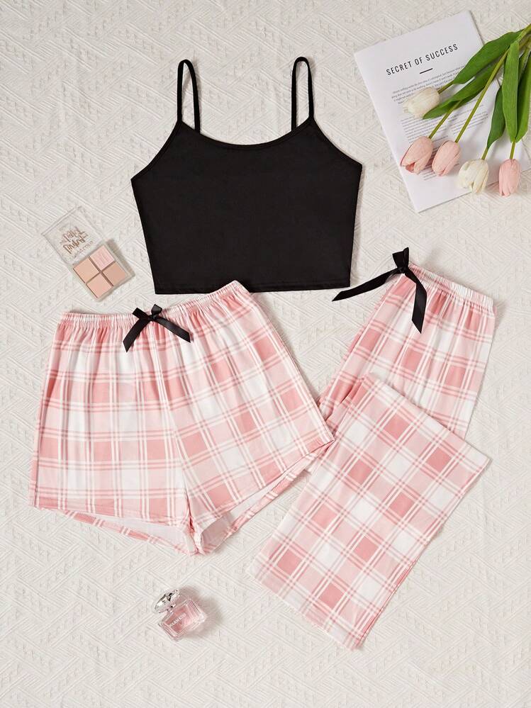3pcs Set Women Sleepwear: Solid Color Camisole Top, Plaid Print Shorts, And Pants