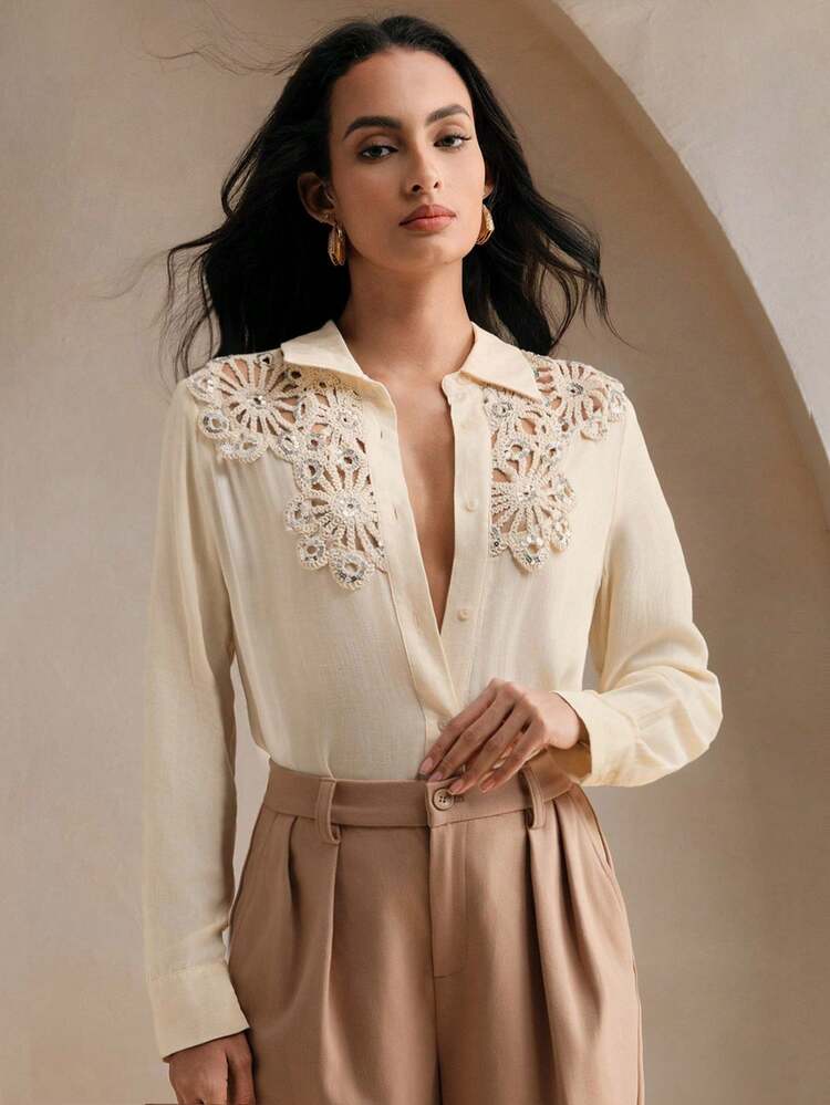 Autumn Apricot Lapel Long Sleeve Pearl Floral Lace Patchwork Hollow Out Elegant Blouse Women Shirt